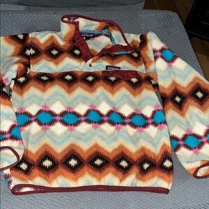 Patagonia Women’s Sweater with Cream, Brown, and Blue Pattern